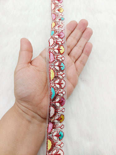 White Tissue Fabric Trim In Multicoloured Floral Embroidery With Matt Gold Sequins, Lace Trim By 9 Yards Indian Decorative Trim, Ribbon